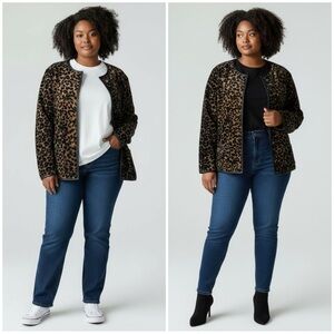 Chico's Leopard Print Open Front‎ Cardigan Jacket Sz 2 (Large)